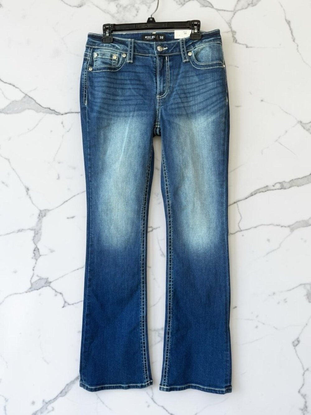 Miss Me Mid Rise Bootcut Jeans Women 30x34 Dark Wash Embroidered Pockets NWT